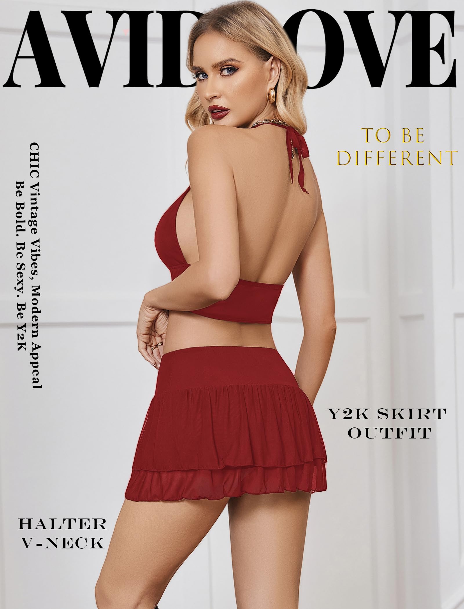 Avidlove Women‘s Mini Skirt Set Sexy Y2K Mesh Halter V Neck Crop Tops Mirco Ruffle Skirts 2 Piece Rave Festival Outfits S-XXL