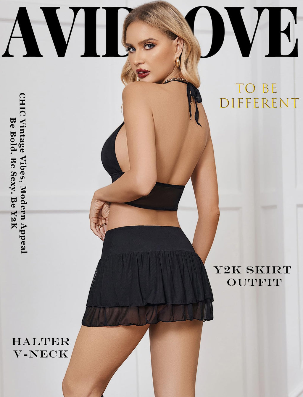 Avidlove Women‘s Mini Skirt Set Sexy Y2K Mesh Halter V Neck Crop Tops Mirco Ruffle Skirts 2 Piece Rave Festival Outfits S-XXL