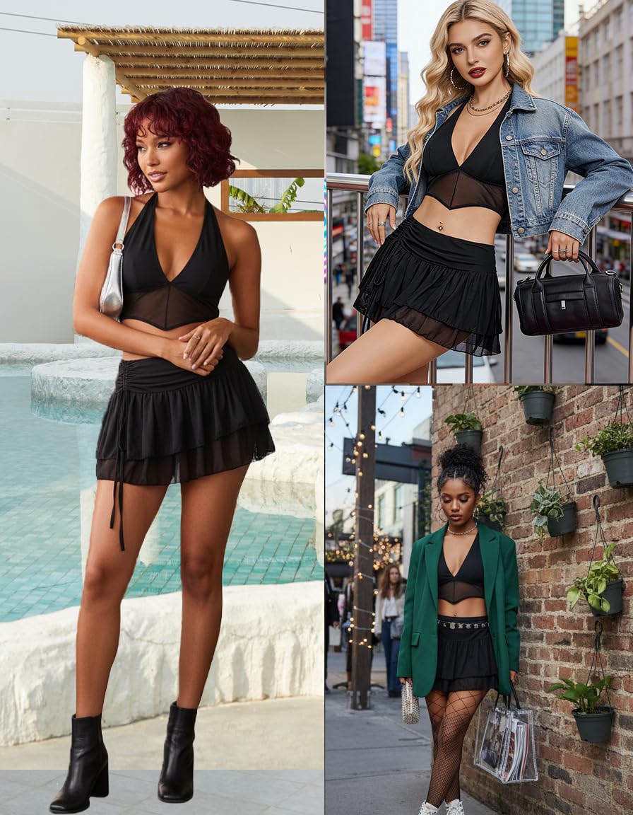Avidlove Women‘s Mini Skirt Set Sexy Y2K Mesh Halter V Neck Crop Tops Mirco Ruffle Skirts 2 Piece Rave Festival Outfits S-XXL