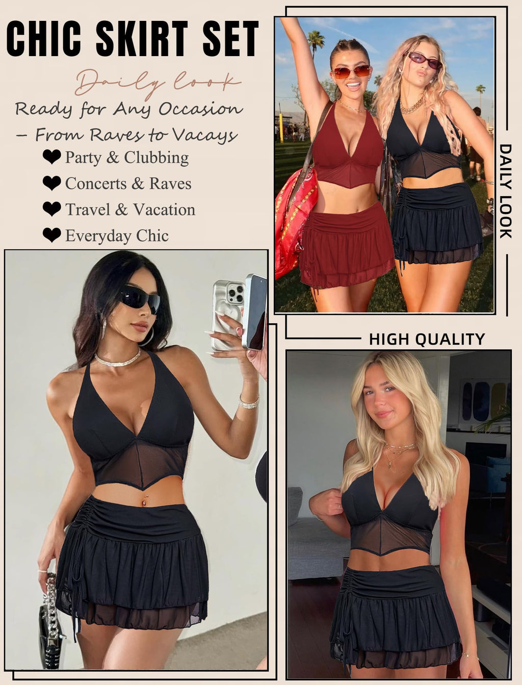 Avidlove Women‘s Mini Skirt Set Sexy Y2K Mesh Halter V Neck Crop Tops Mirco Ruffle Skirts 2 Piece Rave Festival Outfits S-XXL