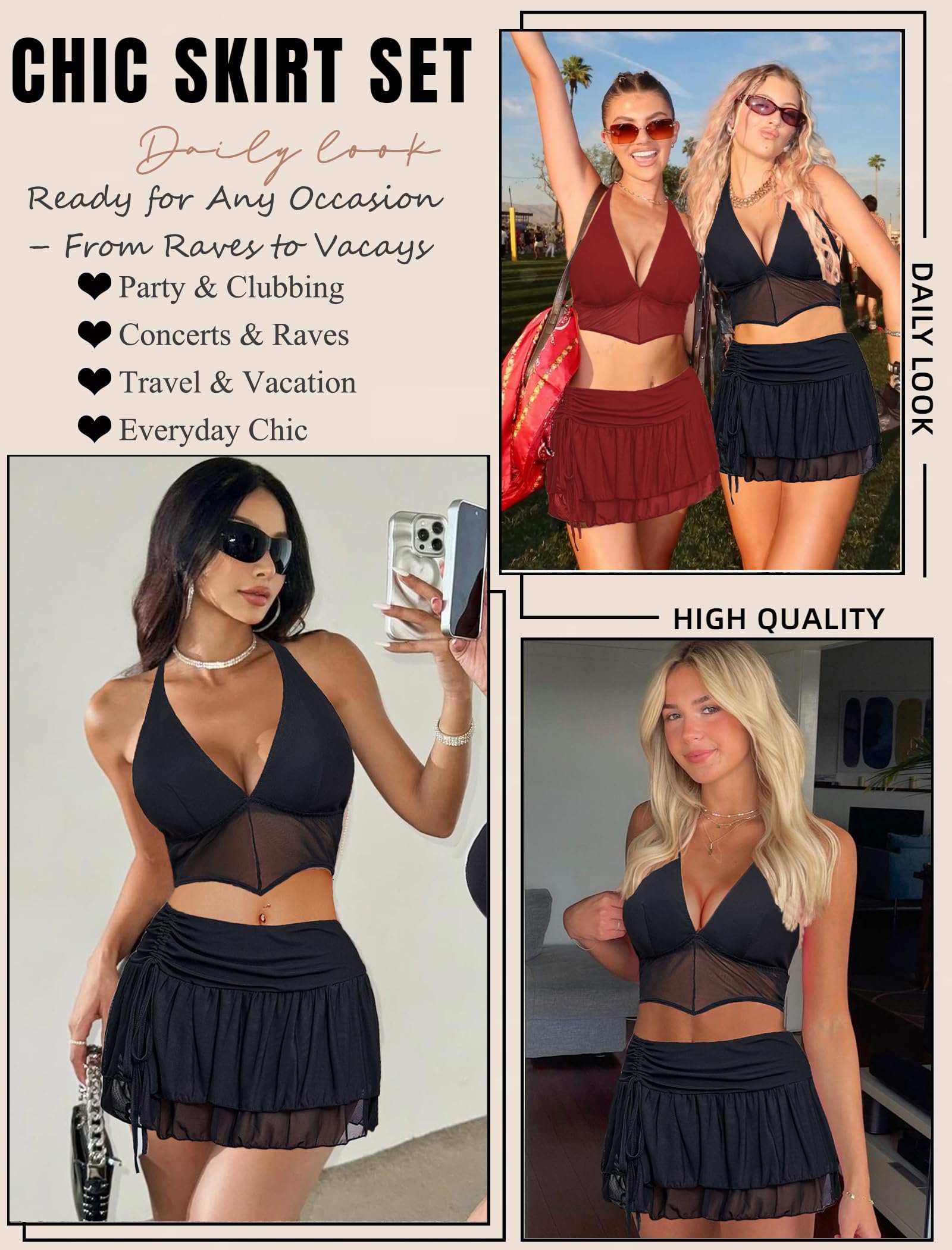 Avidlove Women‘s Mini Skirt Set Sexy Y2K Mesh Halter V Neck Crop Tops Mirco Ruffle Skirts 2 Piece Rave Festival Outfits S-XXL