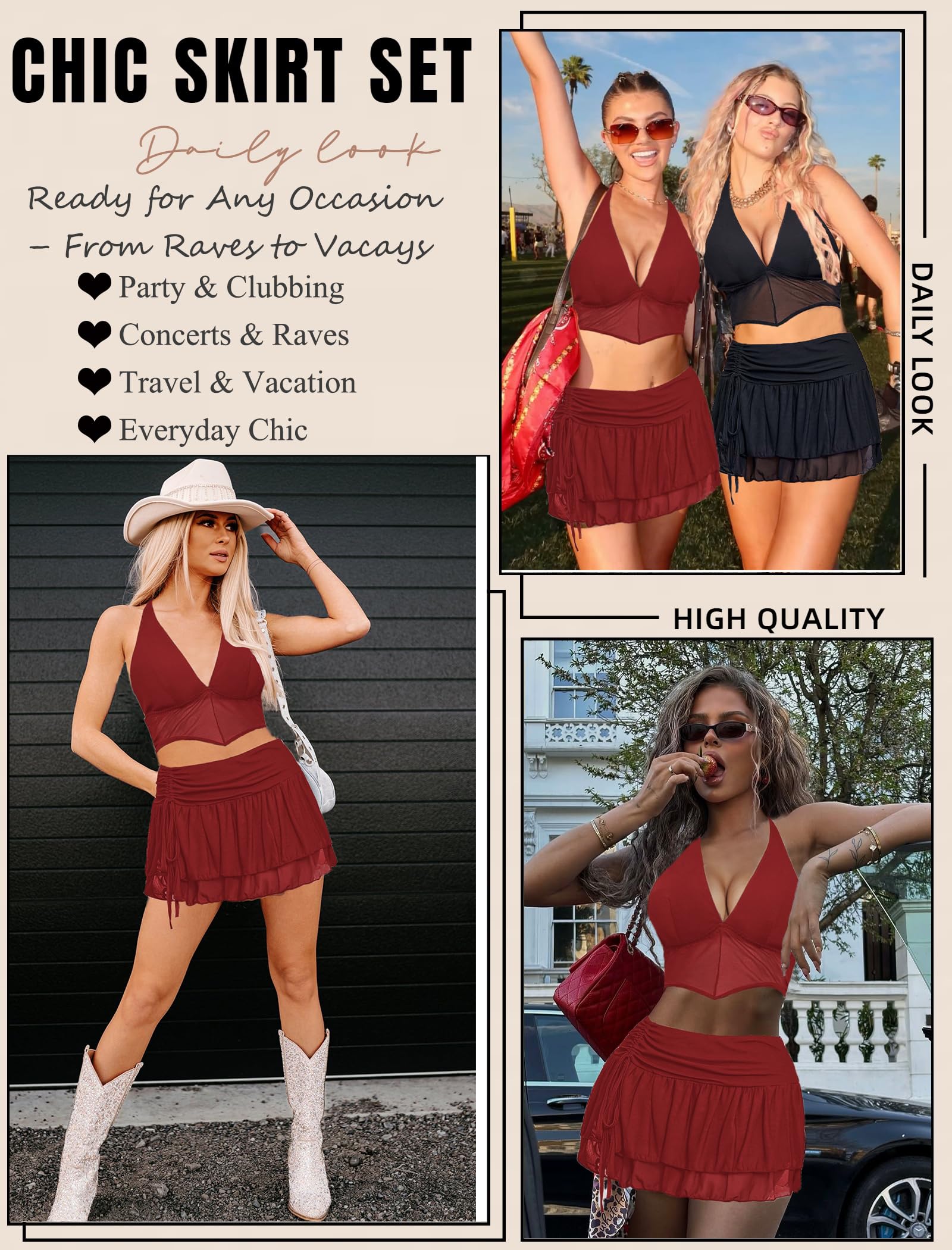 Avidlove Women‘s Mini Skirt Set Sexy Y2K Mesh Halter V Neck Crop Tops Mirco Ruffle Skirts 2 Piece Rave Festival Outfits S-XXL