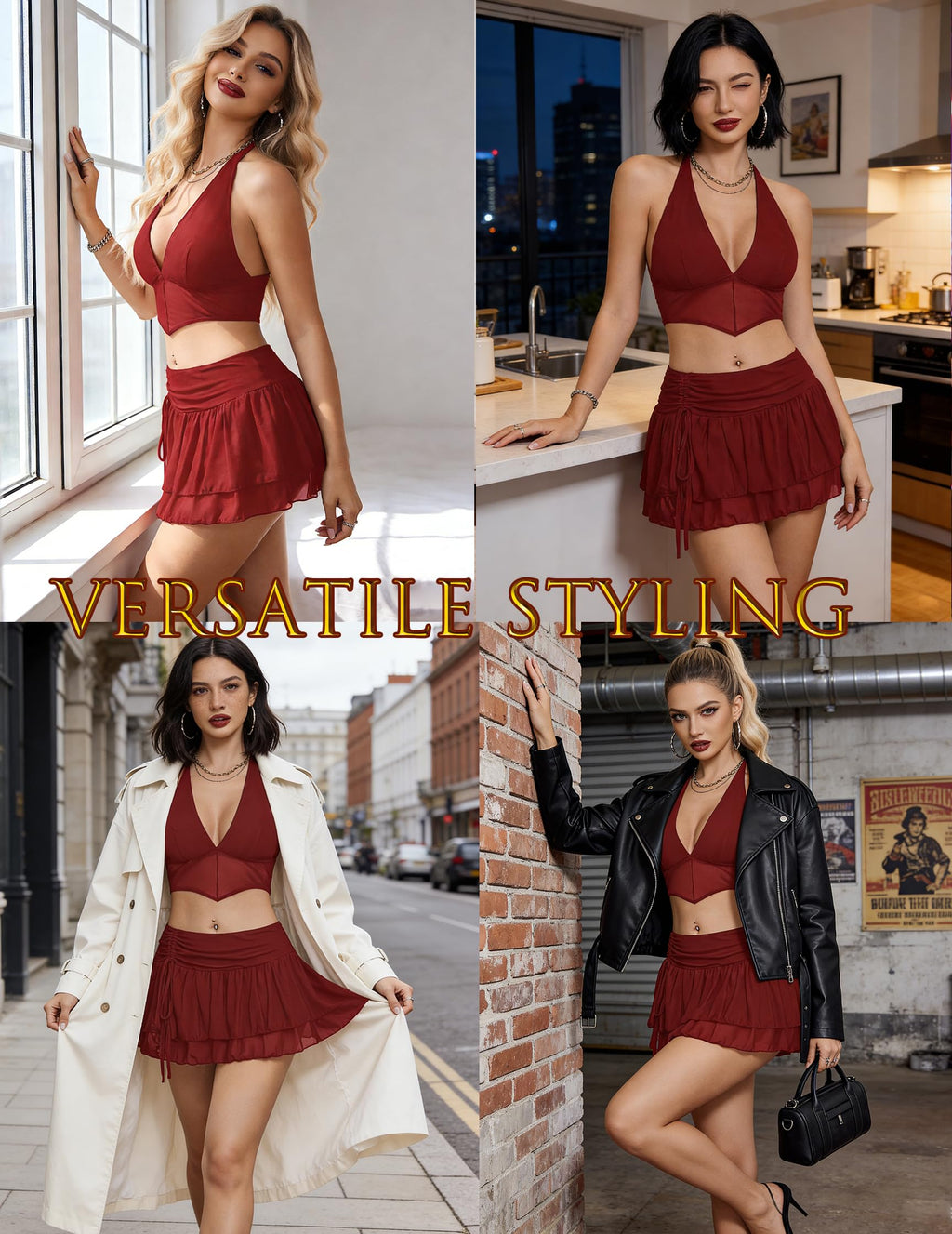 Avidlove Women‘s Mini Skirt Set Sexy Y2K Mesh Halter V Neck Crop Tops Mirco Ruffle Skirts 2 Piece Rave Festival Outfits S-XXL