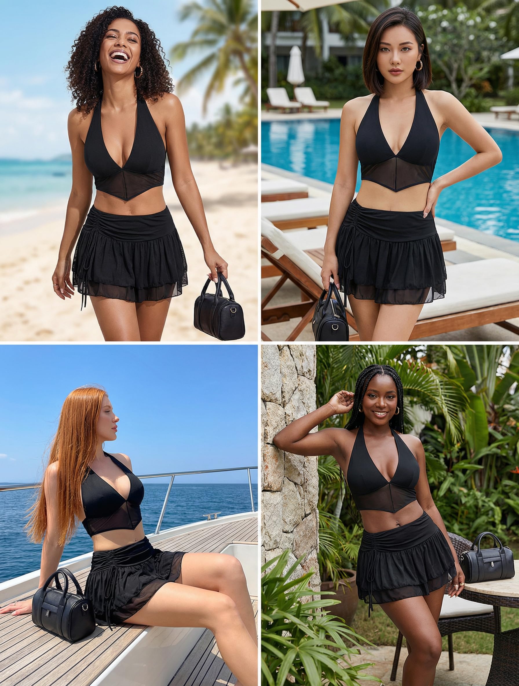 Avidlove Women‘s Mini Skirt Set Sexy Y2K Mesh Halter V Neck Crop Tops Mirco Ruffle Skirts 2 Piece Rave Festival Outfits S-XXL