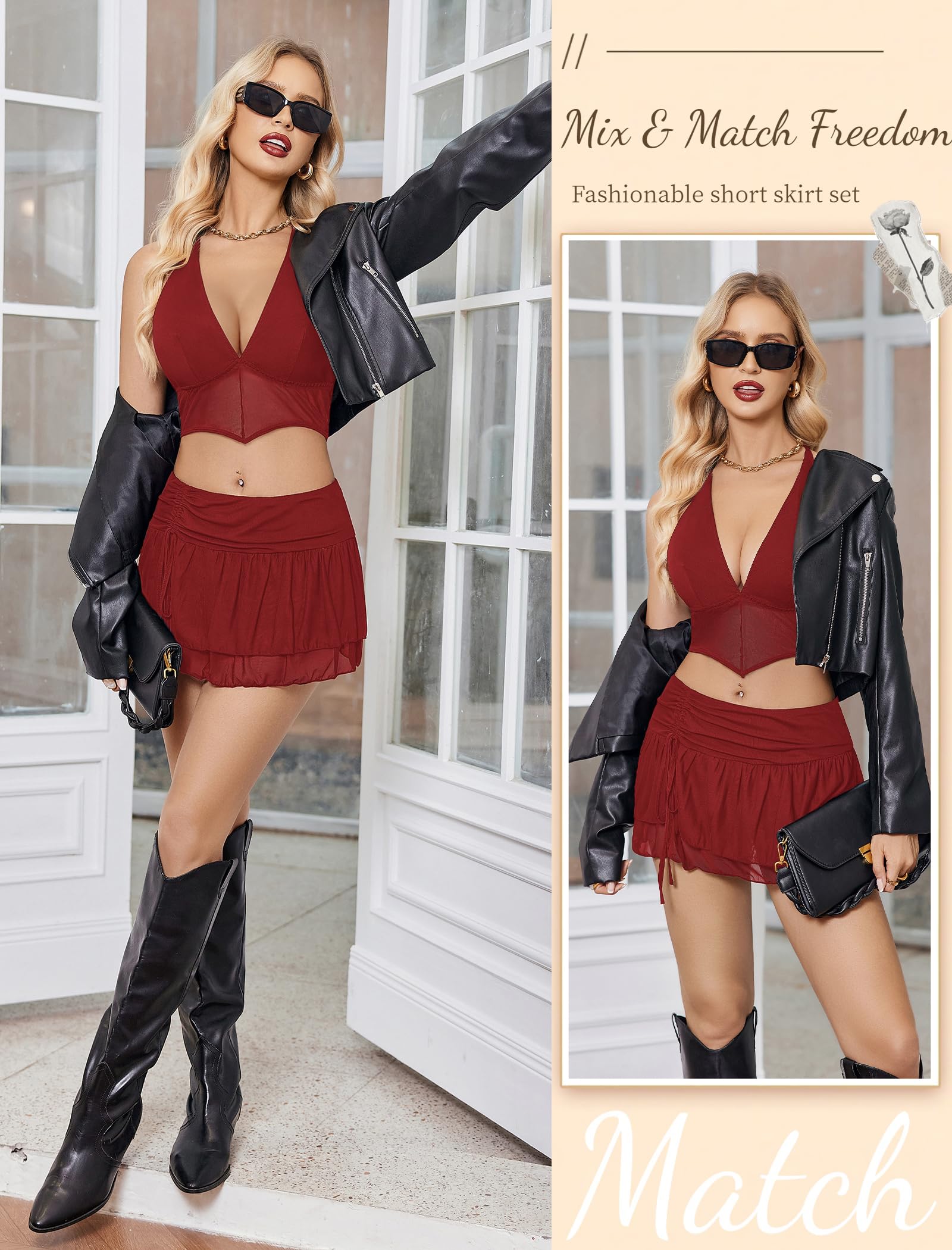 Avidlove Women‘s Mini Skirt Set Sexy Y2K Mesh Halter V Neck Crop Tops Mirco Ruffle Skirts 2 Piece Rave Festival Outfits S-XXL