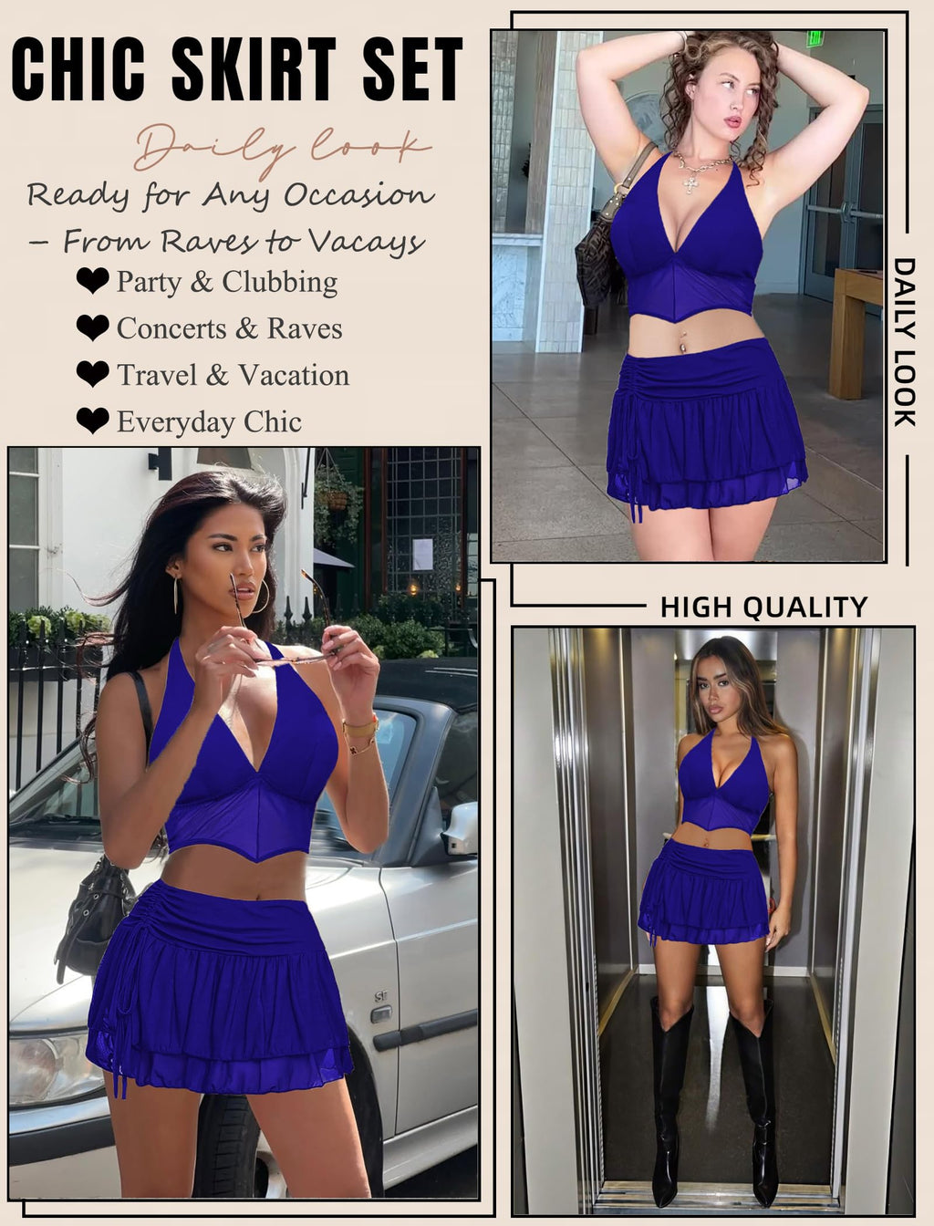 Avidlove Women‘s Mini Skirt Set Sexy Y2K Mesh Halter V Neck Crop Tops Mirco Ruffle Skirts 2 Piece Rave Festival Outfits S-XXL